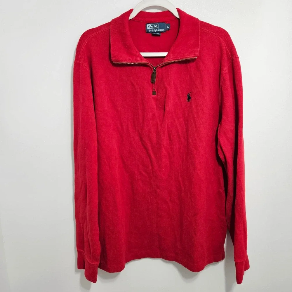 Vintage Ralph Lauren Polo 1/4 Zip Sweater Y2K Mens Embroidered Blue Pony Red L